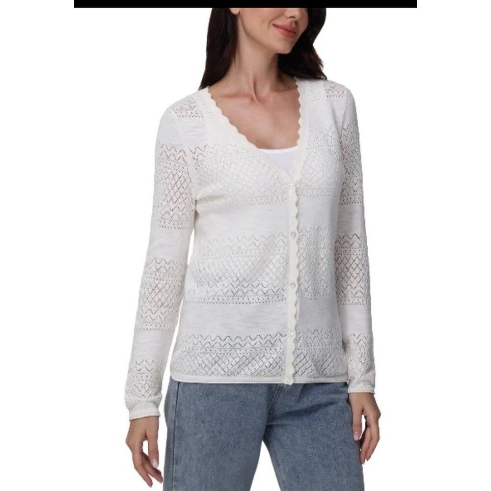 Frye Cardigan Sweater Cream White Crochet Pointelle Open Knit